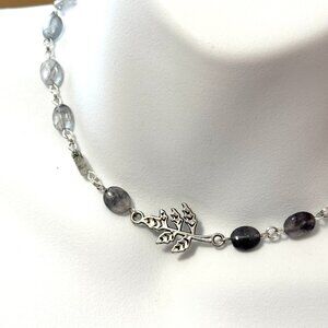 Genuine Grey Tourmalinated Quartz Short Necklace, Gemstone & Leaf Branch Pendant